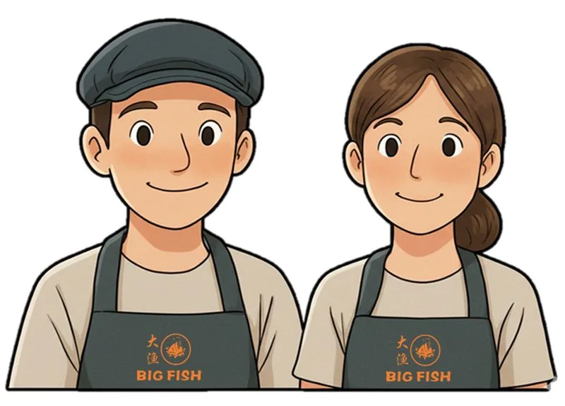 Cartoon of Alex and Lilly with the Big Fish logo